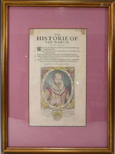 SIR WALTER RALEGH (ENGLISH, 1554 - 1618) HISTORY OF THE WORLD TITLE PAGE, FIRST EDITION, HAND COLORED