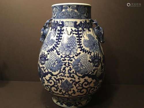 ANTIQUE Chinese Large Blue and White Deer Urn (ZUN), late Qing 19th C, 15