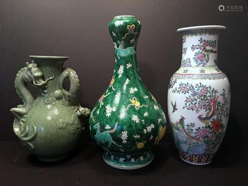 OLD Three Large Chinese Vases with dragon, flowers and others