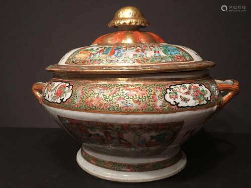 ANTIQUE Chinese Large Rose Mandarin Medallion Tureen with Cover, mid 19th Century