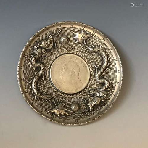 CHINESE SILVER COIN SET IN DRAGON PLATE