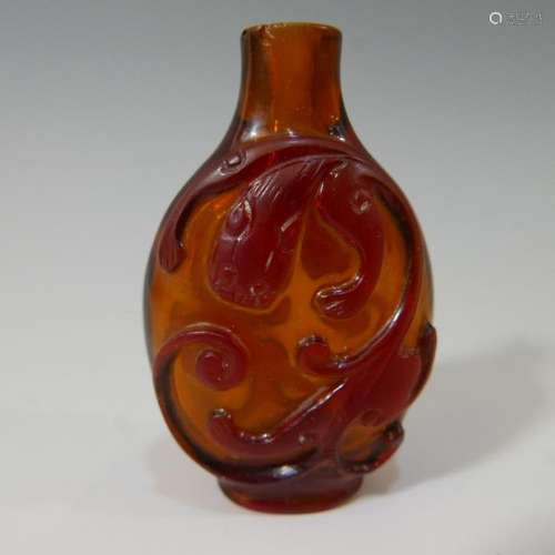 SCARLET RED PEKING GLASS SNUFF BOTTLE W/ SILVER LINING & BEAST HEADS