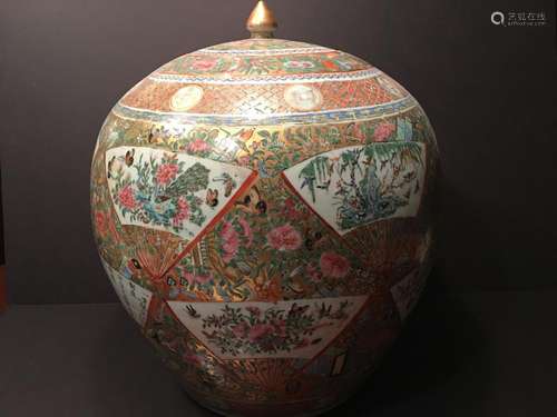 ANTIQUE Chinese Large Rose Medallion covered Jar, mid 19th century