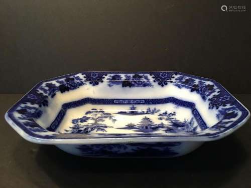 ANTIQUE 1845 Large Ironstone Tonquin W. Adams & Sons Flow Blue Soup Bowl