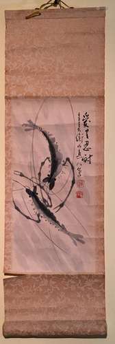 ANTIQUE Chinese or Japanese Watercolor Shrimps, marked. Late 19th C, 24