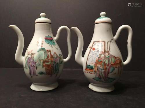 ANTIQUE Pair Chinese Famille Rose teapots with figurines, 18th C, 6 1/2