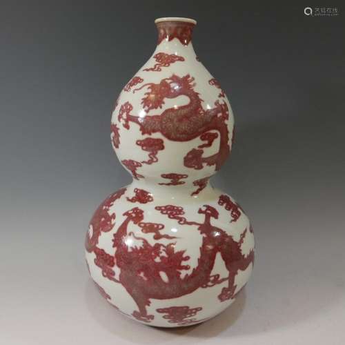 IMPERIAL CHINESE ANTIQUE COPPER RED DOUBLE GOURD VASE - QIANLONG