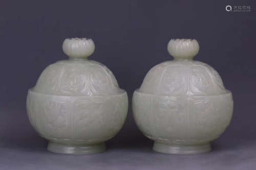 PAIR HETIAN JADE LOTUS SHAPED COVER BOWLS