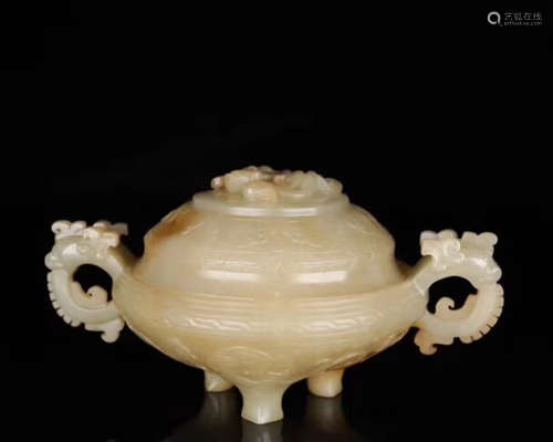 A HETIAN JADE CARVED DOUBLE-EAR CENSER