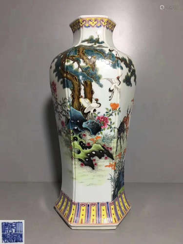 A FAMILLE-ROSE DEER AND CRANE PATTERN VASE