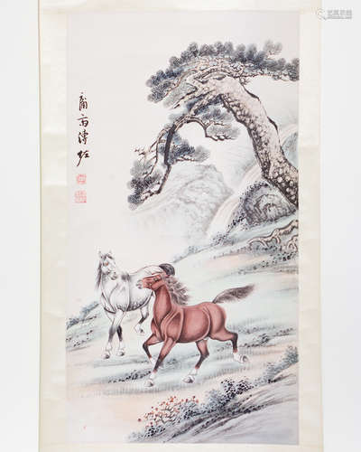 SCROLL OF TWO HORSES PAINTING SIGNED PU, ZUO