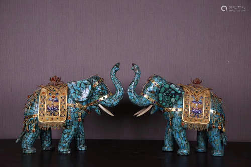 PAIR TURQUOISE STONE ELEPHANT FIGURES