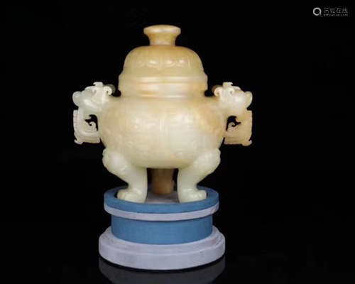 A HETIAN JADE CARVED TRIPOD CENSER