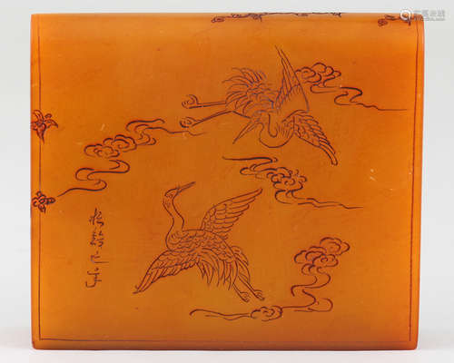 SOAPSTONE INK STAMP CARVING OF CRANE STANDING ON A