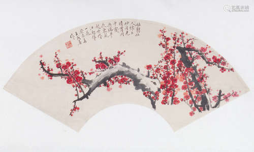 FAN-SHAPED PLUM BLOSSOM PAINTING SIGNED WANG, CHEN