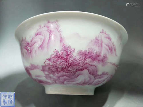 A CARMINE GLAZE LANDSCAPE PATTERN BOWL