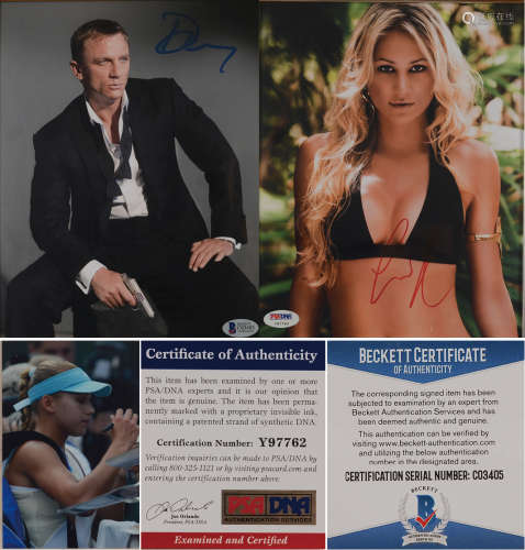 PSA/DNA鉴定认证 著名网球运动员“库尔尼科娃”签名大照片一张（另附5寸签赠现场照片）、Beckeet鉴定认证 著名影视演员“丹尼尔·克雷格”签名照一张(附镜框)