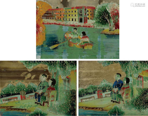 民国初年彩色玻璃画“风景人物图”一组3件