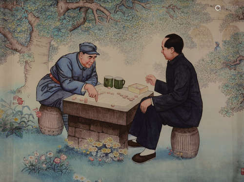 亢珑（1929-1988）对弈图彩色版画一件