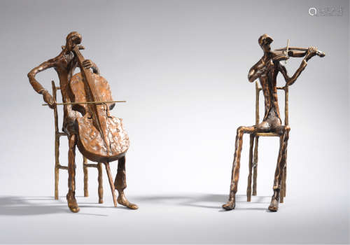 19世纪法国现代主义风格铜雕塑《演奏者》一组两件