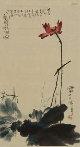 1963年 潘天寿作“荷花”丝织画作一件
