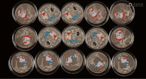 2005年法国巴黎造币厂铸造发行“三丽鸥（Sanrio）成立45周年-Hello Kitty”纯银纪念币一组5套15枚全