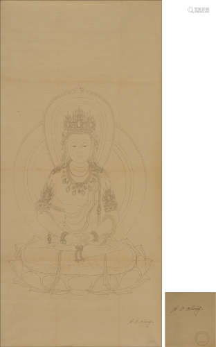 张大千（1899-1983）观音宝像粉本 原作约绘于1950年代初期，1972年由美国旧金山亚洲艺术文化中心签名展售