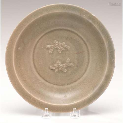 Chinese Celadon Dish with Raised Double Fish Motif