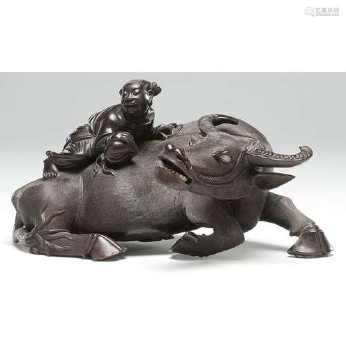 Chinese Carved Hardwood Water Buffalo with Boy and