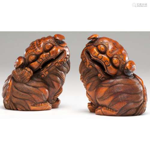 Chinese Carved Bamboo Models of Seated Lions