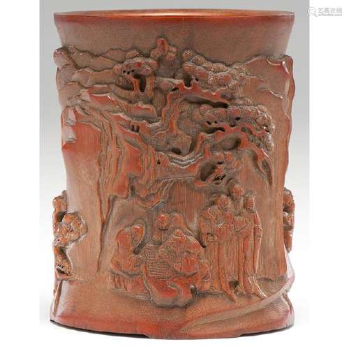 Chinese Bamboo Brush Pot with Scholars