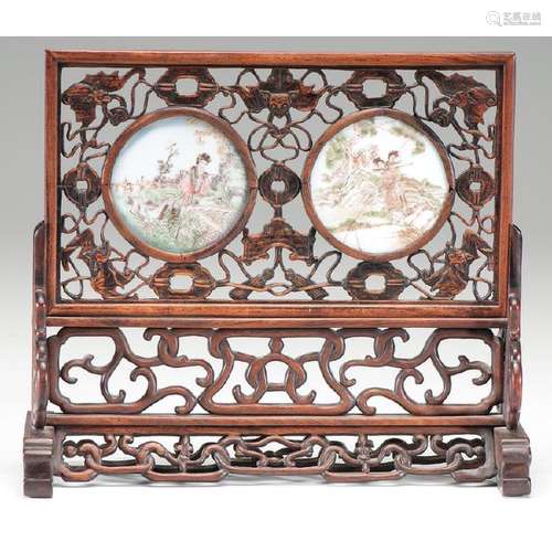 Chinese Table Hongmu Screen with Porcelain Plaques