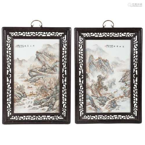 Famille Rose Porcelain Plaques with Landscapes