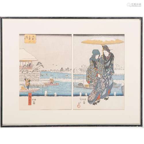 Japanese Woodblock Print of a Snow Scene