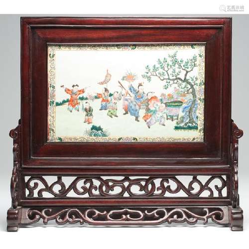 Chinese Porcelain Screen with Hardwood Stand