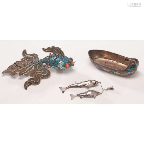 Chinese Silver Filigree and Enamel Fish and Shoe