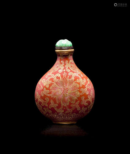 Jingdezhen kilns, Yongzheng mark, 1796-1820  A coral red and gilt 'lotus' snuff bottle