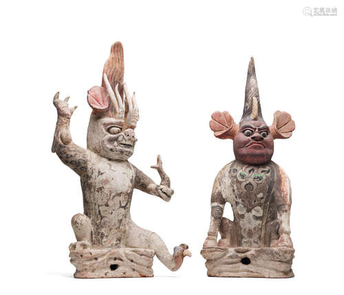 Tang dynasty A PAIR OF PAINTED POTTERY FIGURES OF EARTH SPIRITS, ZHENMU SHOU