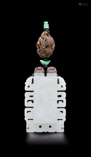 The plaque: late Qing/Republic period A white jade double snuff bottle