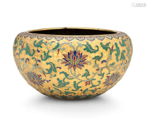 18th/19th century A GILT-BRONZE AND CHAMPLEVE ENAMEL 'ALMS' BOWL