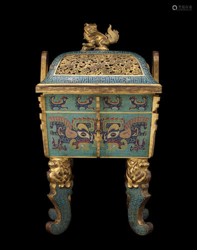 19th century A CLOISONNE ENAMEL AND GILT-BRONZE ARCHAISTIC 'TAOTIE' CENSER AND COVER