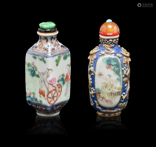 Jingdezhen kilns, Qianlong marks, 1796-1820 Two famille rose enameled porcelain snuff bottles