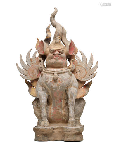 Tang dynasty A PAINTED POTTERY FIGURE OF AN EARTH SPIRIT, ZHENMUSHOU