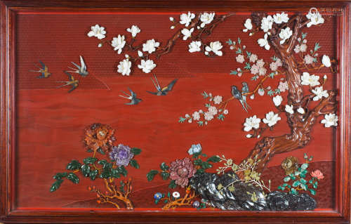 20th century A Cinnabar Lacquer and Hardstone 'bird and flower' Panel