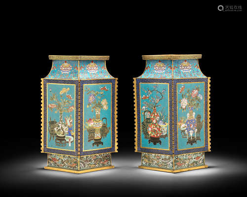 Jiaqing/Daoguang period A RARE AND UNUSUAL PAIR OF CLOISONNE RHOMBUS-SHAPED VASES