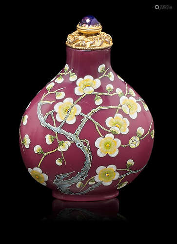 Late 19th/20th century An mauve glass enameled 'prunus' snuff bottle