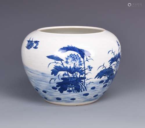 Blue and white porcelain planter with mark