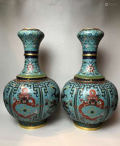 Set of Cloisonne Enamel Dragon Vase with Mark