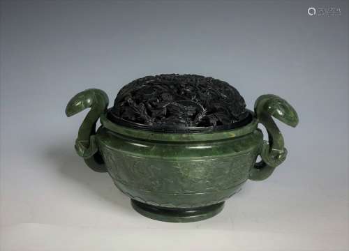 Spinach Green Jade Censer with Wood Cover
