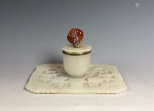 17th C Edward Farmer White Jade Cup on Stand